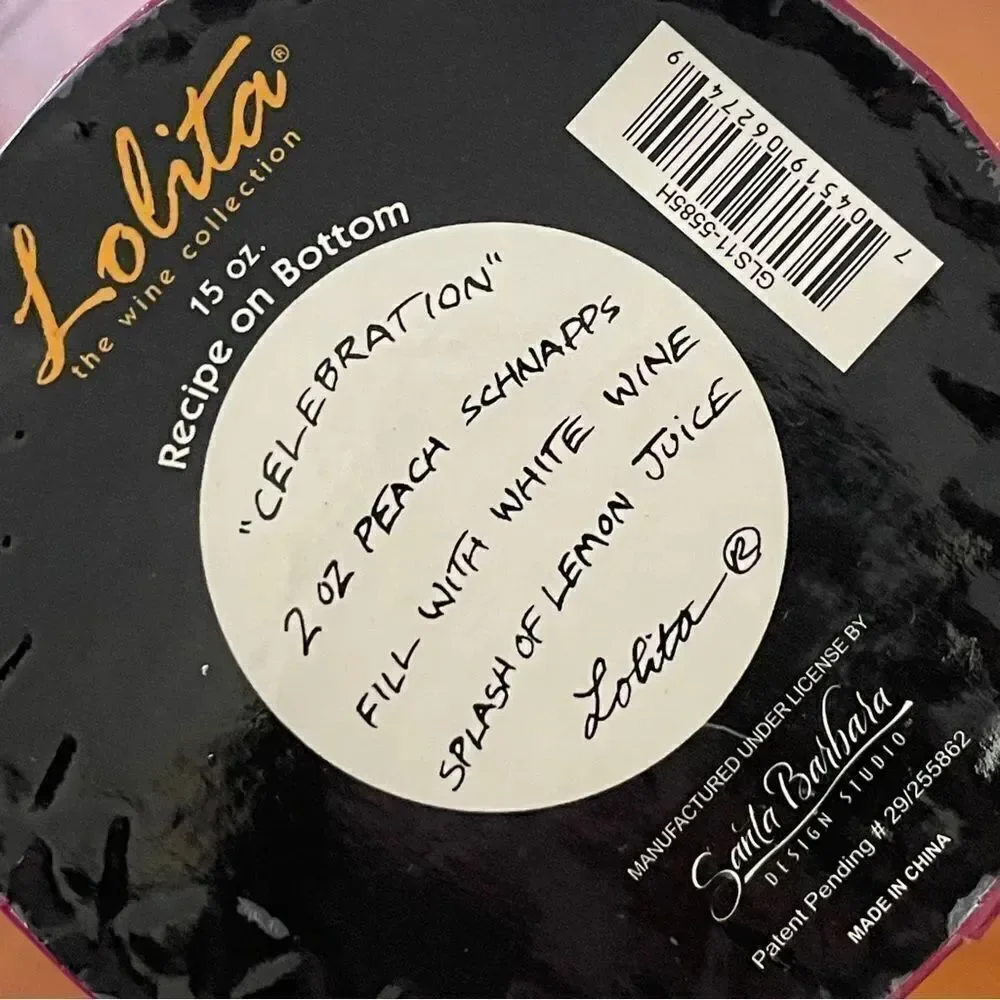 NIB Lolita “Celebration” Hand Painted Wine Glass Silver Black Gold